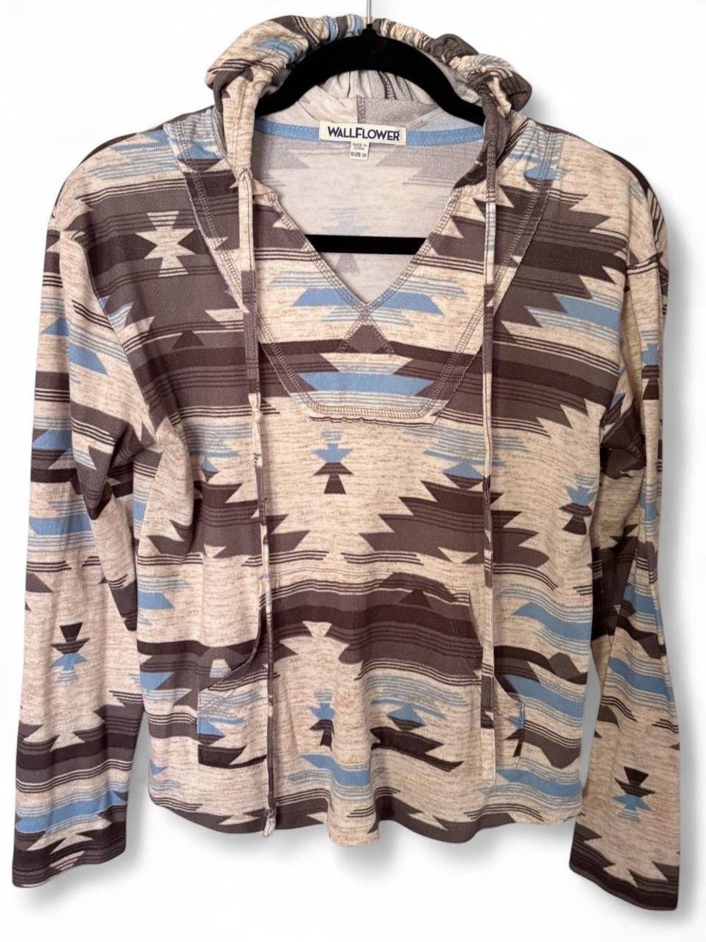 WallFlower Aztec Hoodie Top Shirt Beige Brown &Blue M Southwestern Boho Western